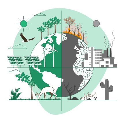 A split world globe. Half green, half polluted.